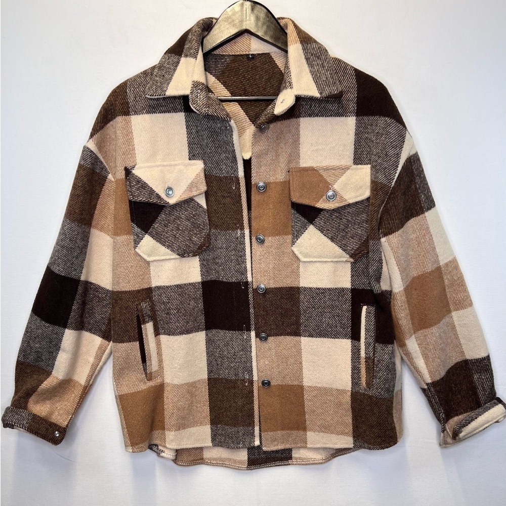 SHEIN flannel shirt jacket women’s size Large shacket neutral brown plaid casual